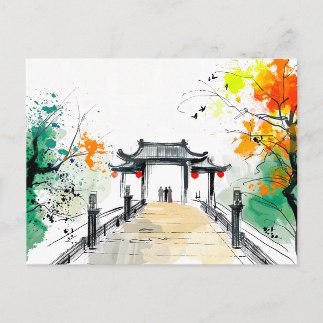 Pathway som leder till ett bergstempel vykort (Framsida)