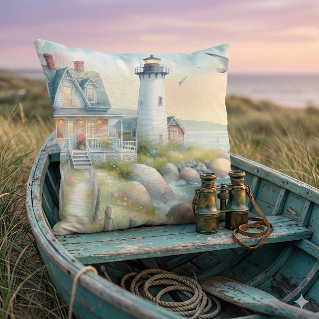 Pathway till fyrakeskkusten kudde (Pathway to the Lighthouse Coastal Cottage Throw Pillow Mockup A)
