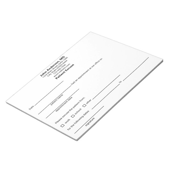 Patient Ursäkta från Doktor Office Template White Anteckningsblock (Vinklad)