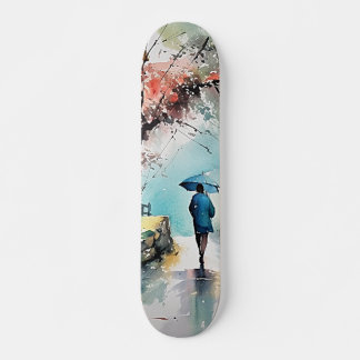 Patineta con Mujer Bajo la Lluvia en Arte Acuarela Mini Skateboard Bräda 18,5 Cm