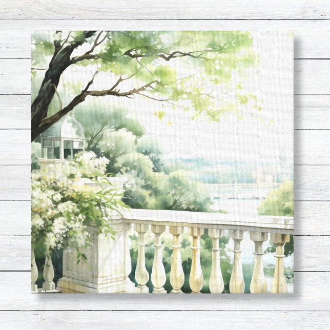 Patio Gazebo Sjö View Watercolor Art Canvas (Patio Garden Watercolor - Lake View Wall Art Canvas - Bright White and Soft Green Willow)
