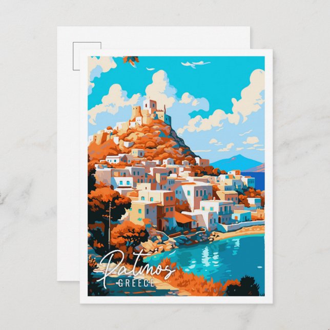 Patmos Greece vintage resor illustration Vykort (Fram/baksida)