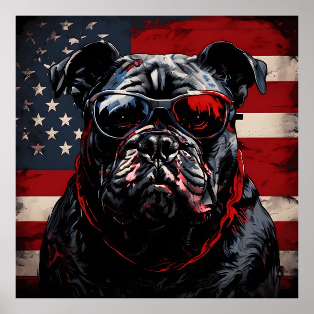Patriot Bulldog med amerikansk Flagga 4 juli Poster (Framsidan)