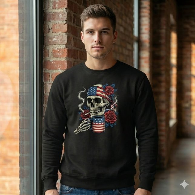 Patriot Skull Coffee & Cigarette USA Flag Shirt Lång Ärmad Tröja (Skapare uppladdad)