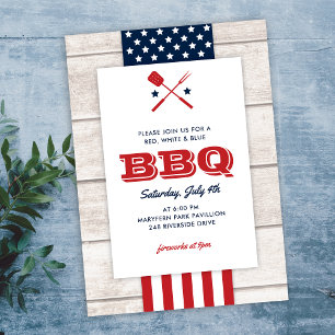 Patriotic 4:e juli BBQ Rustic Wood Inbjudningar