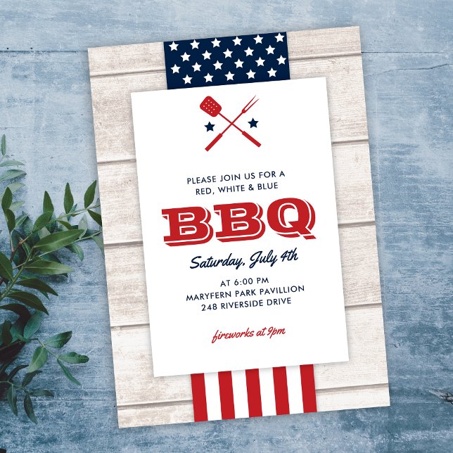 Patriotic 4:e juli BBQ Rustic Wood Inbjudningar (Skapare uppladdad)