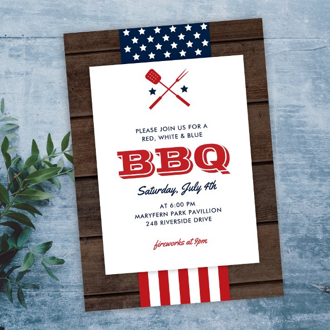 Patriotic 4:e juli BQ Rustic Wood-inbjudan Inbjudningar (Skapare uppladdad)