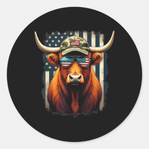 Patriotic 4:e juli Highland Cow Runt Klistermärke