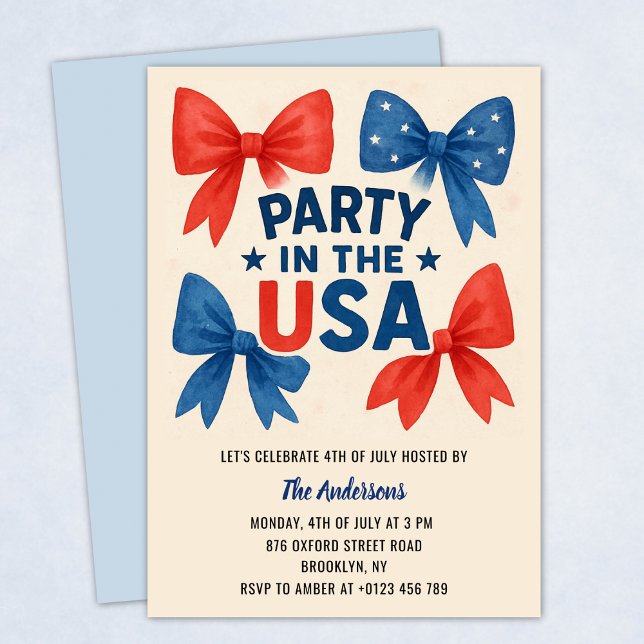 Patriotic 4:e juli Red and Blue Bows Inbjudningar (Skapare uppladdad)