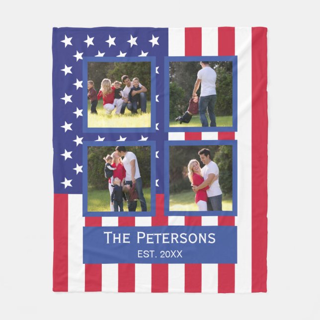 Patriotic 4 Photo Collage American Flagga Monogram Fleecefilt (Framsidan)