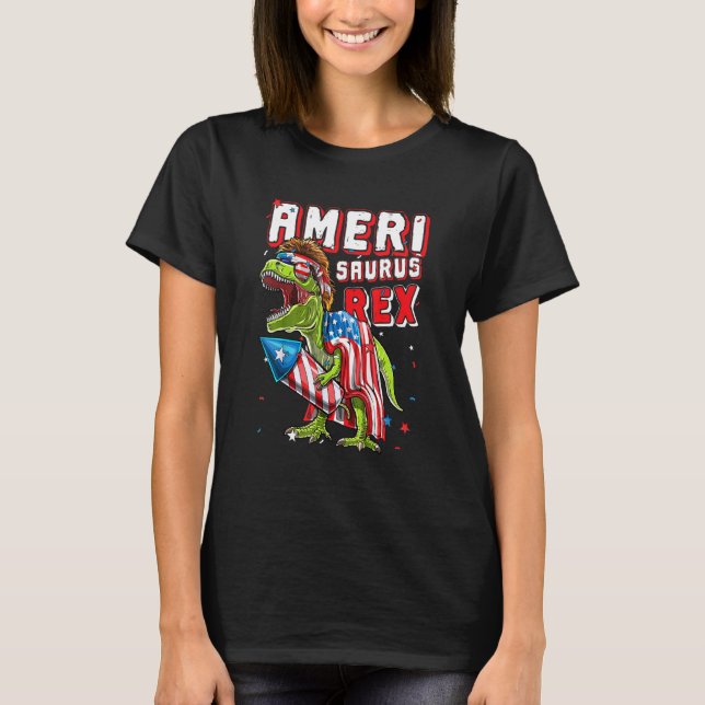 Patriotic Ameri Saurus Rex Dinosaur Lycklig 4:e av T Shirt (Framsida)