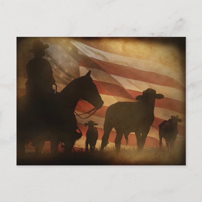 Patriotic American Cowboy och Cattle Western Vykort (Framsida)
