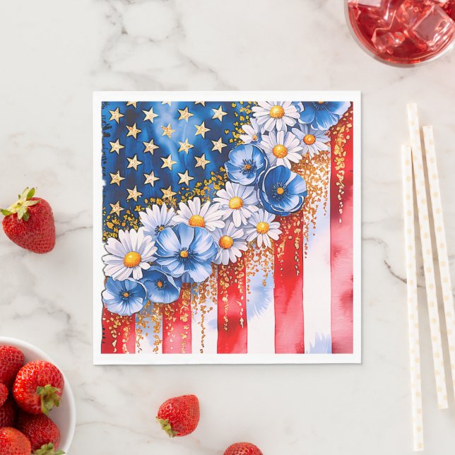 Patriotic American Flag Floral Glitter Pappersservett (Insitu)