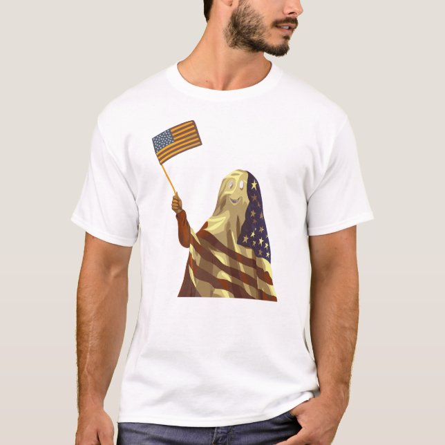 Patriotic American Flag Ghost Halloween T Shirt (Framsida)