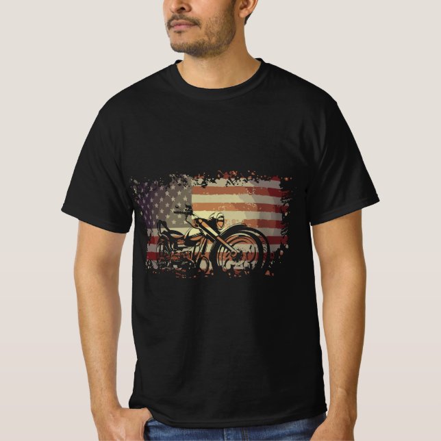 Patriotic American Flag Motorcycle Biker  T Shirt (Framsida)