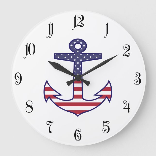 Patriotic American Flagga Anchor Nautical Stor Klocka (Framsida)