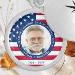 Patriotic American Flagga Anpassningsbar Photo Mem Berlockhalsband<br><div class="desc">Ät din kära med en patriotisk anpassningsbar fotominneshinneshalsband. Detta unika militära minnesspärrhalsband är perfekten till dig själv, familj eller vänner att betala hyllning till en militär veteran, militär soldat, armé, marinsoldater eller fallna soldater. Detta patriotiska memorandumhalsband har en modern röd vit och blå amerikansk Flagga, stjärnor och remsor. Citat "i...</div>