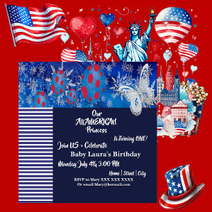 Patriotic American Flagga Butterfly Balloon Birth Inbjudningar