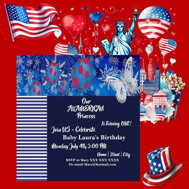 Patriotic American Flagga Butterfly Balloon Birth  Inbjudningar (Patriotic American Flag Butterfly Balloon BirthDay Invitation)
