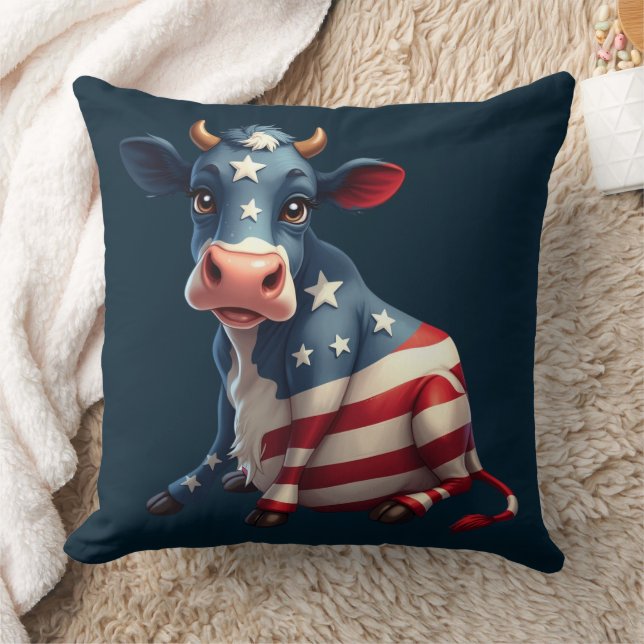Patriotic American Flagga Cow Illustration Kudde (Filt)