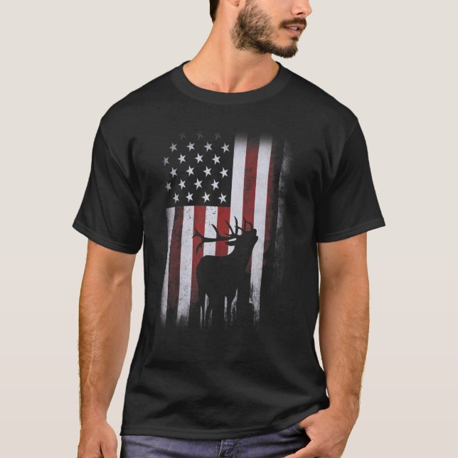 Patriotic American Flagga Elk Hunter Manar Elk Bow T Shirt (Framsida)