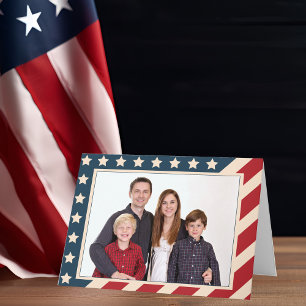 Patriotic American Flagga Family Photo jul Helgkort