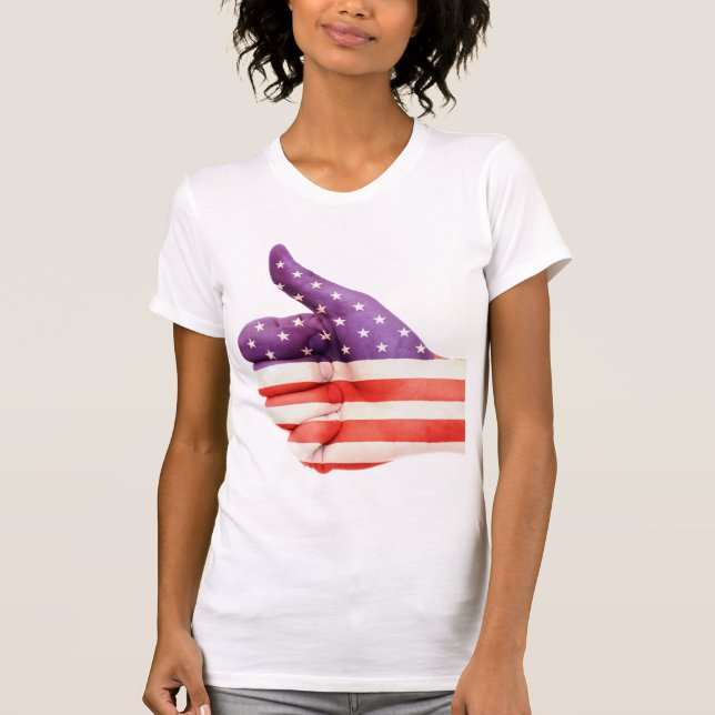 Patriotic American Flagga färgad Hand like-tecken T Shirt (Framsida)