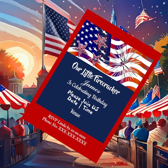 Patriotic American Flagga Firecracker Birthday Boy Inbjudningar (Patriotic American Flag Firecracker Birthday Boy Invitation)