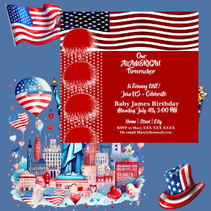 Patriotic American Flagga Firecracker Birthday Boy Inbjudningar