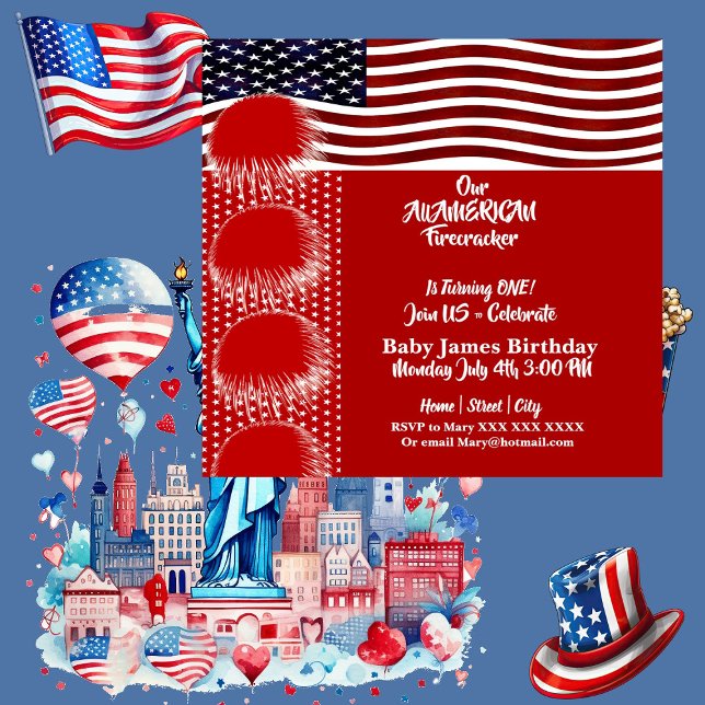 Patriotic American Flagga Firecracker Birthday Boy Inbjudningar (Patriotic American Flag Firecracker Birthday Boy Invitation)