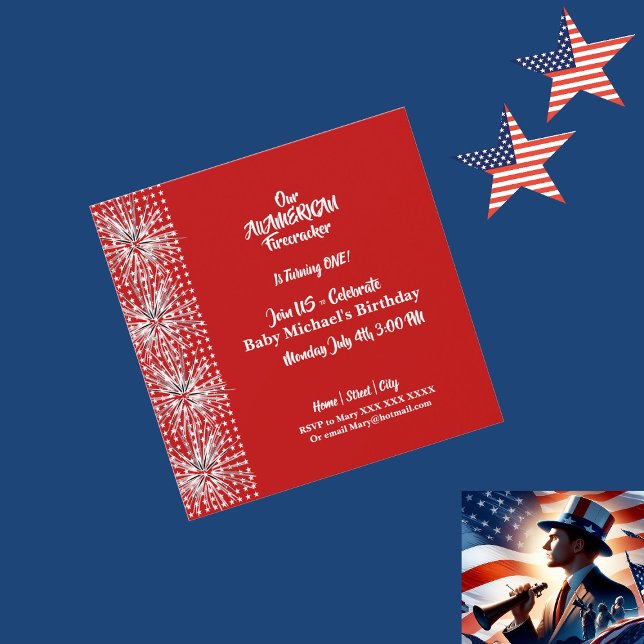 Patriotic American Flagga Firecracker Birthday Boy Inbjudningar (Patriotic American Flag Firecracker Birthday Boy Invitation)