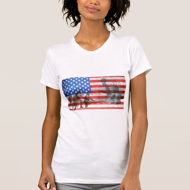 Patriotic American Flagga Frihetsgudinnan T Shirt (Framsida)