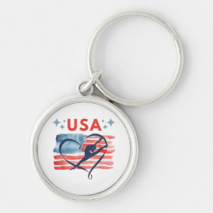 Patriotic American Flagga Gymnastics Design for US Rund Silverfärgad Nyckelring