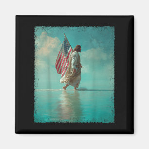 Patriotic American Flagga Jesus Walking på Vatten Magnet