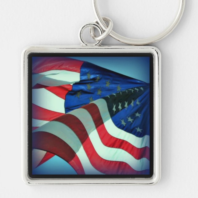Patriotic American Flagga Keychain Fyrkantig Silverfärgad Nyckelring (Framsidan)
