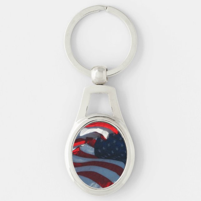 Patriotic American Flagga Keychain Ovalt Silverfärgad Nyckelring (Framsidan)