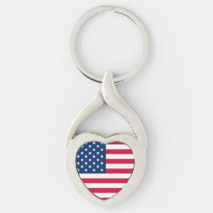 Patriotic American Flagga Keychain Twisted Heart Silverfärgad Nyckelring