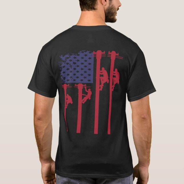 Patriotic American Flagga Lineman T Shirt (Baksida)