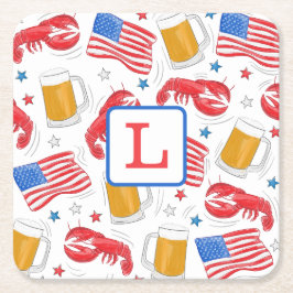 Patriotic American Flagga Lobster Beer Star Monogr Underlägg Papper Kvadrat