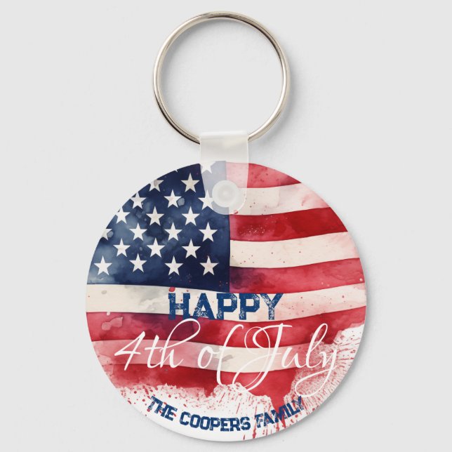 Patriotic American Flagga Lycklig 4:e juli-Anpassn Nyckelring (Framsida)