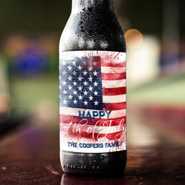 Patriotic American Flagga Lycklig 4:e juli-Anpassn Ölflaska Etikett (Skapare uppladdad)