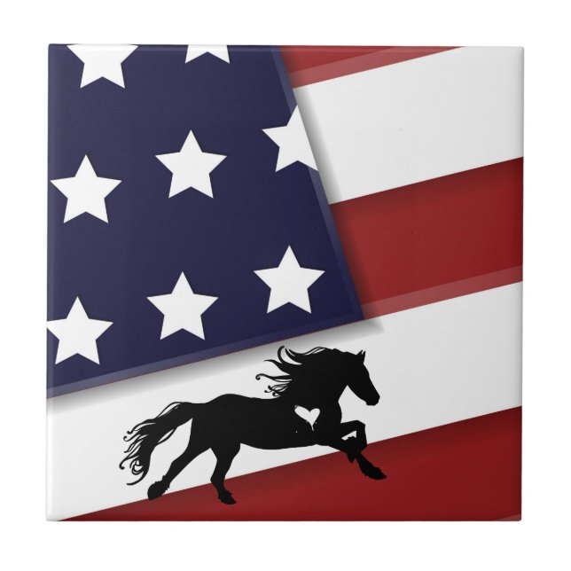 Patriotic American Flagga och Silhouette Horse Kakelplatta (Framsidan)