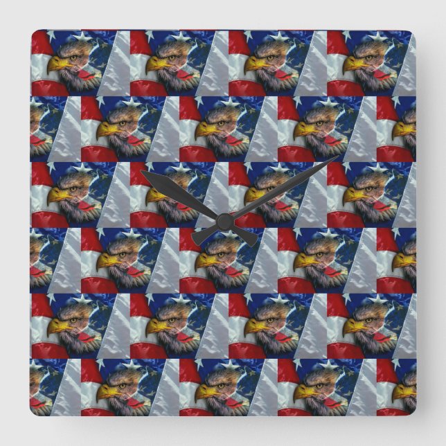 Patriotic American Flagga Örn Varg Fyrkantig Klocka (Framsida)