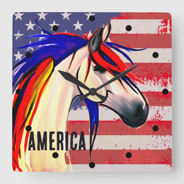 Patriotic American Flagga Red White och Blue Horse Fyrkantig Klocka (Framsida)