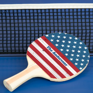 Patriotic American Flagga Rustic Wood den 4 juli N Pingisracket