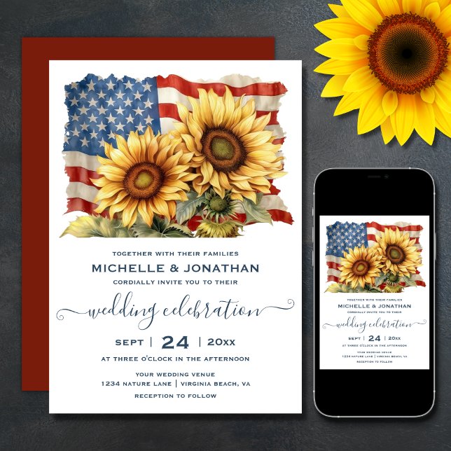 Patriotic American Flagga Solros Bröllop Inbjudningar (Printed (Front and Back) and Digital Patriotic American Flag Sunflower Wedding Invitation)