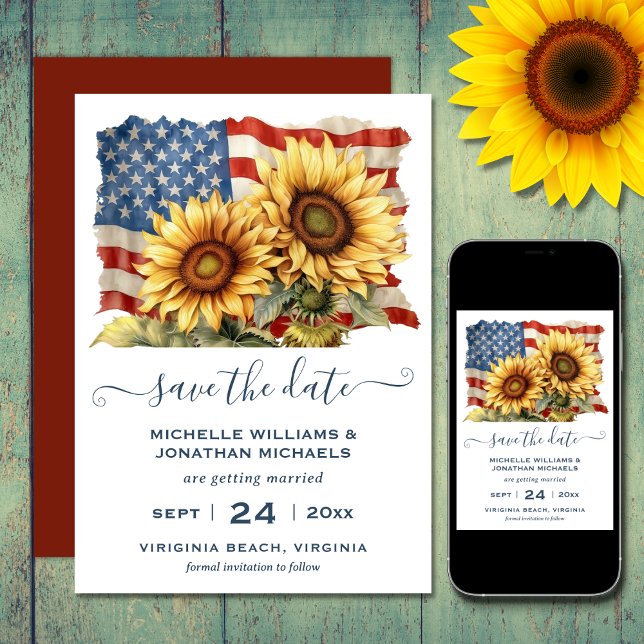 Patriotic American Flagga Solros Bröllop Spara Datumet (Printed (front and back) and Digital Patriotic American Flag Sunflower Wedding Save The Date)