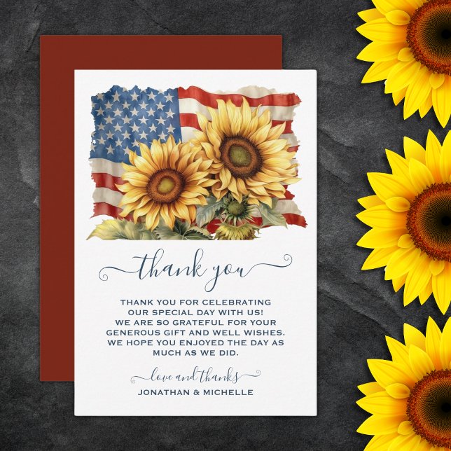 Patriotic American Flagga Solros Bröllop Tack Kort (Patriotic American Flag Sunflower Wedding Thank You Card)