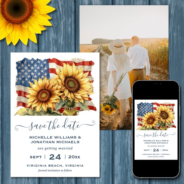 Patriotic American Flagga Solros PHOTO Bröllop Spara Datumet (Printed (Front and Back) and Digital - Patriotic American Flag Sunflower PHOTO Wedding Save The Date)