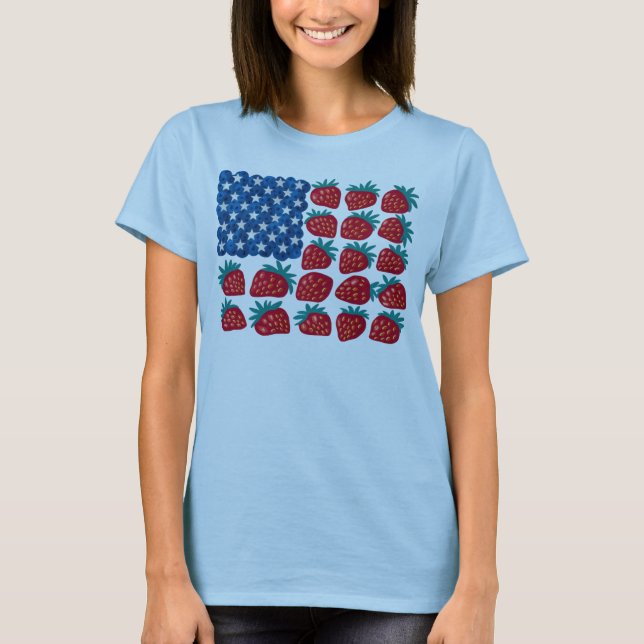 Patriotic American Flagga Strawberry Blueberry Art T Shirt (Framsida)